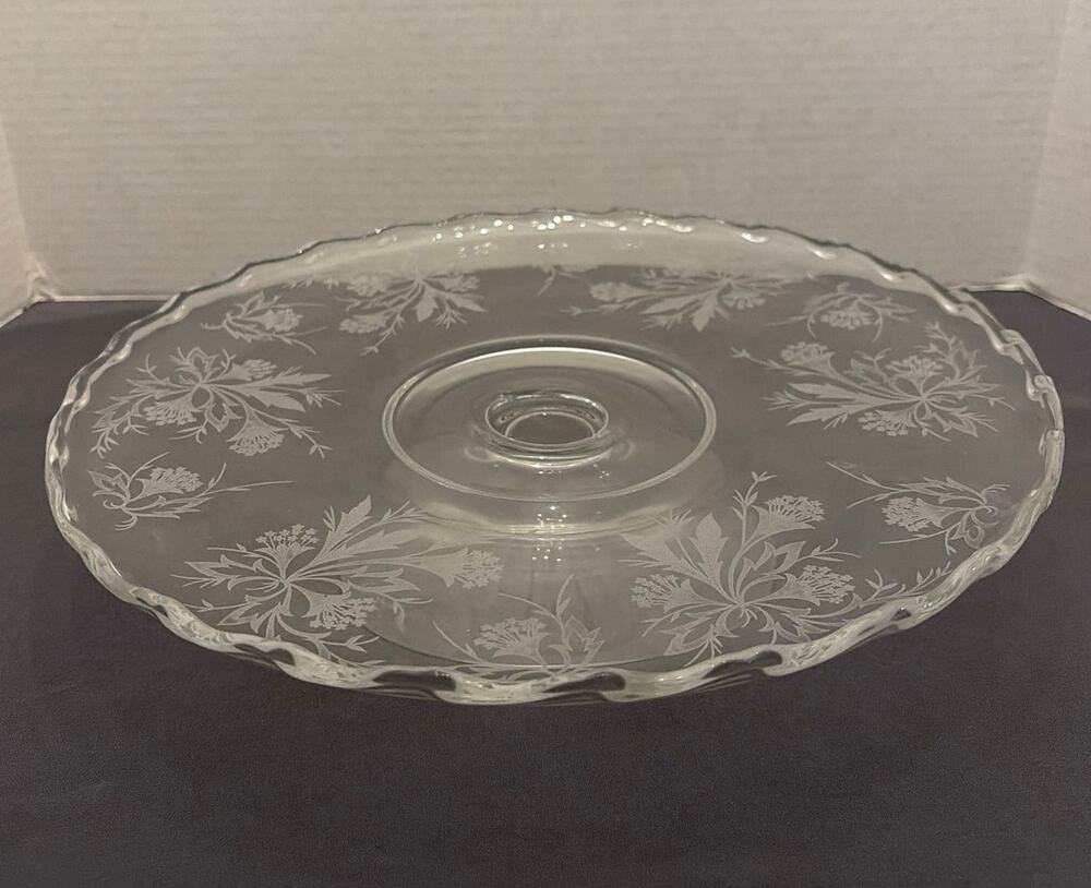 Vintage Fostoria Heather Etched Glass Cake Stand Pedestal Plate Mint 12 Inch USA